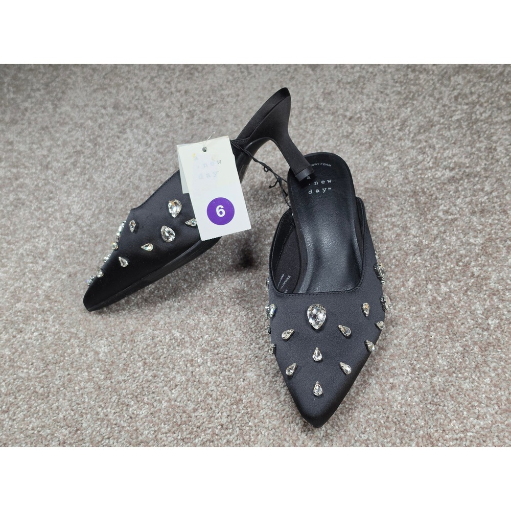 A New Day Katia Black Satin Rhinestone Pointed Toe Kitten Heel Mules Womens 6
